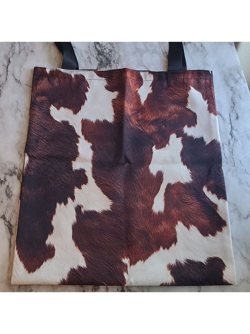 Cow Print Tote Bag Brown White Black Handles Lightweight Shopping Bag
